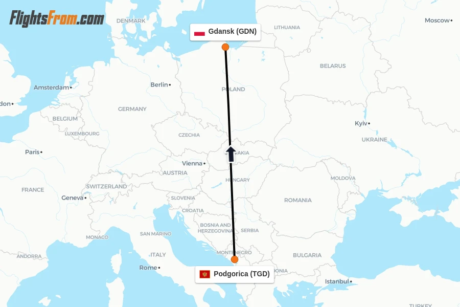 Flights from Podgorica to Gdansk route map