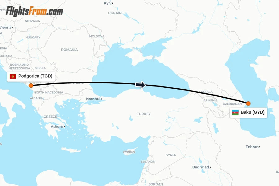 Flights from Podgorica to Baku route map