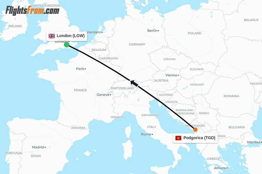 Flights from Podgorica to London route map