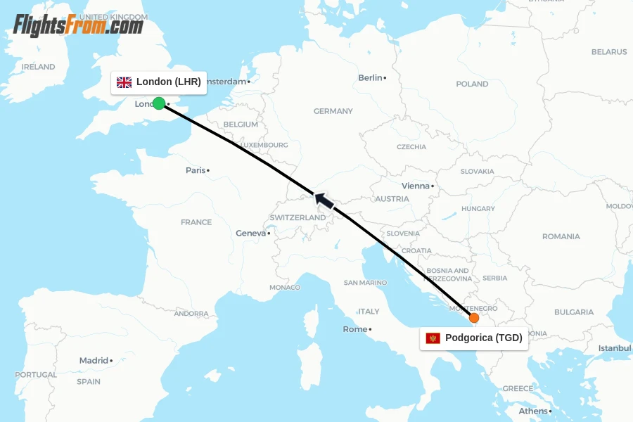 Flights from Podgorica to London route map