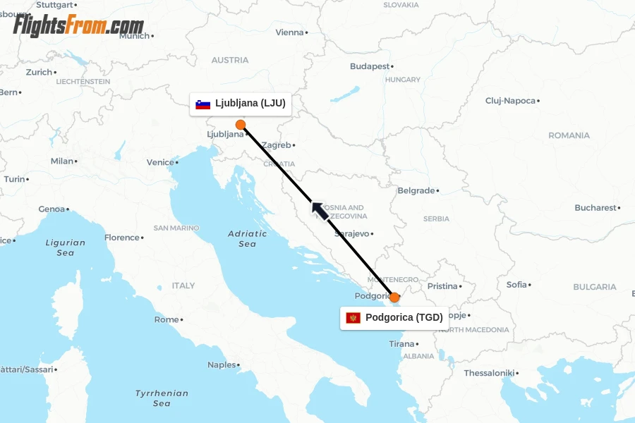 Flights from Podgorica to Ljubljana route map