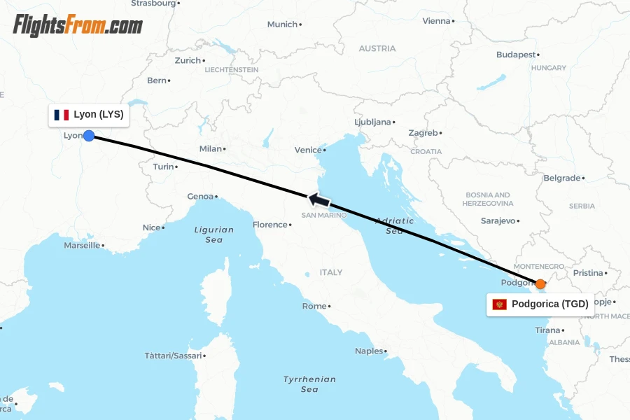 Flights from Podgorica to Lyon route map