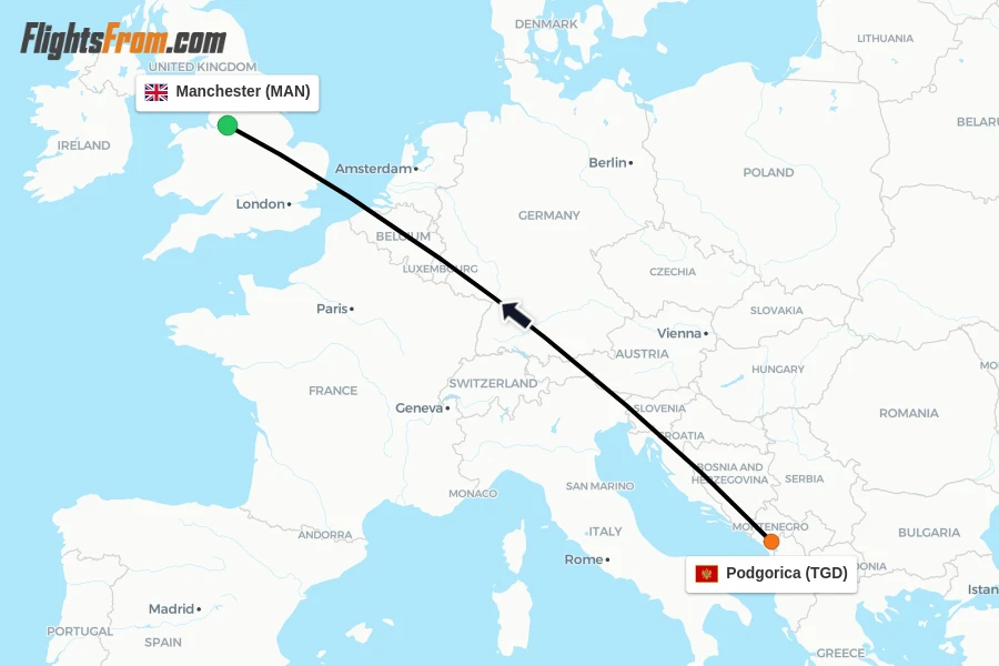 Flights from Podgorica to Manchester route map