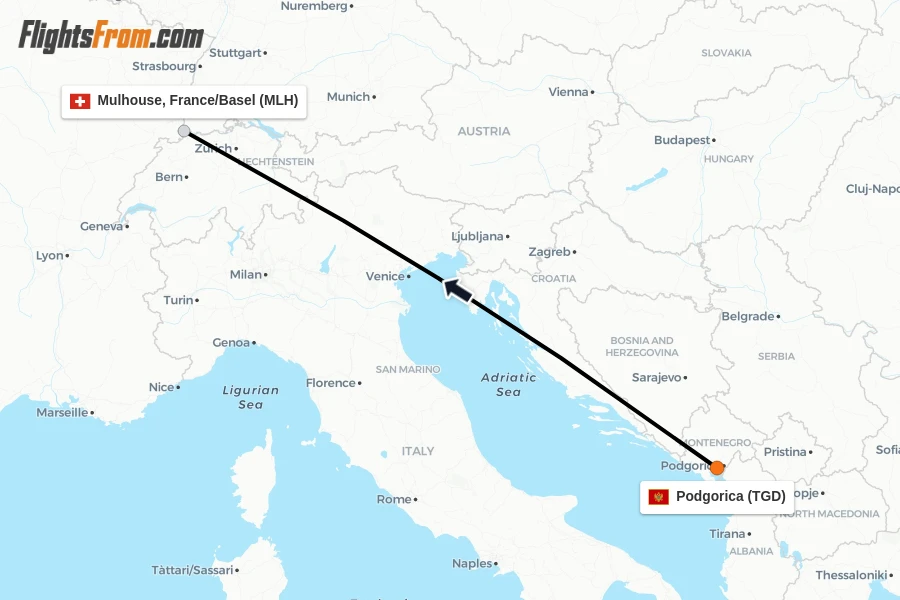 Flights from Podgorica to Mulhouse, France/Basel route map