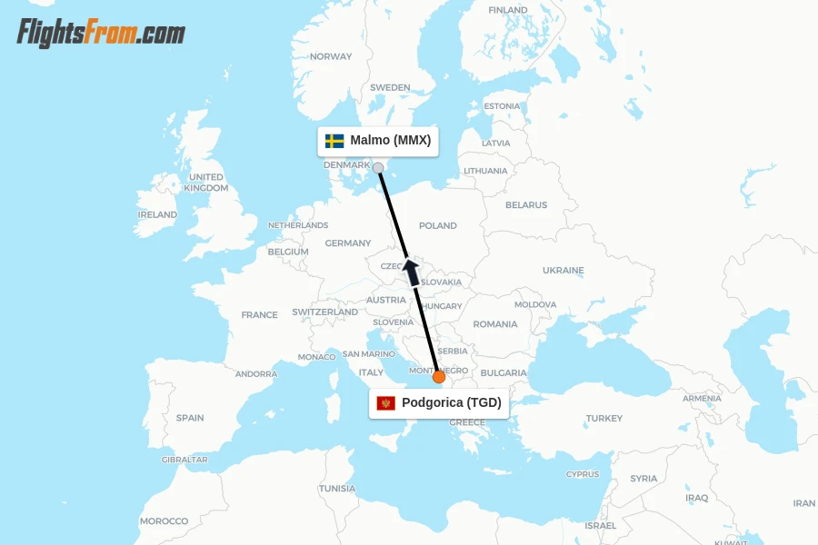 Flights from Podgorica to Malmo route map