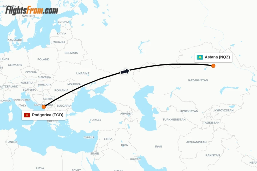 Flights from Podgorica to Astana route map