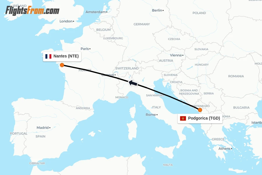 Flights from Podgorica to Nantes route map