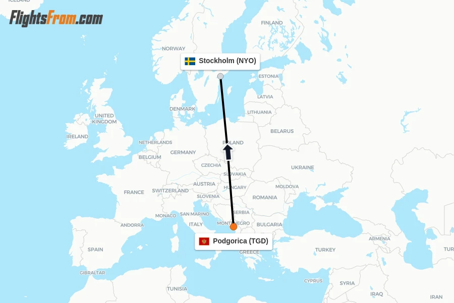 Flights from Podgorica to Stockholm route map