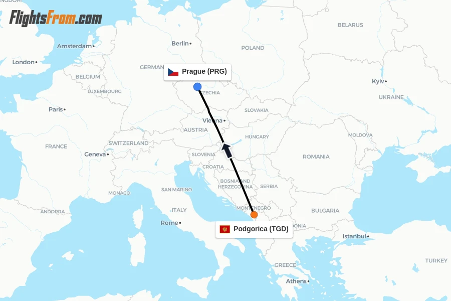 Flights from Podgorica to Prague route map