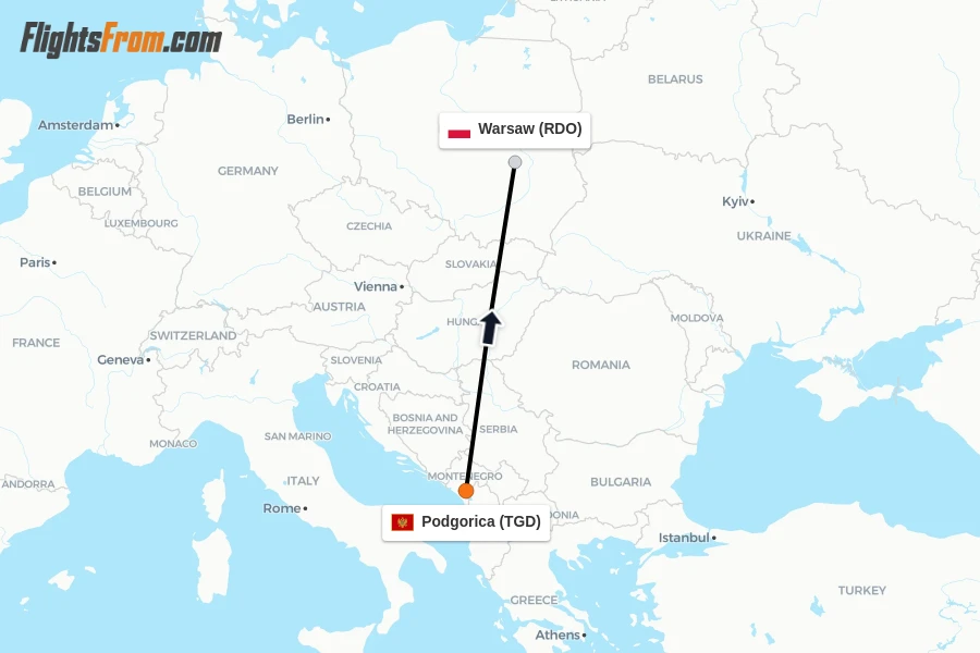 Flights from Podgorica to Warsaw route map