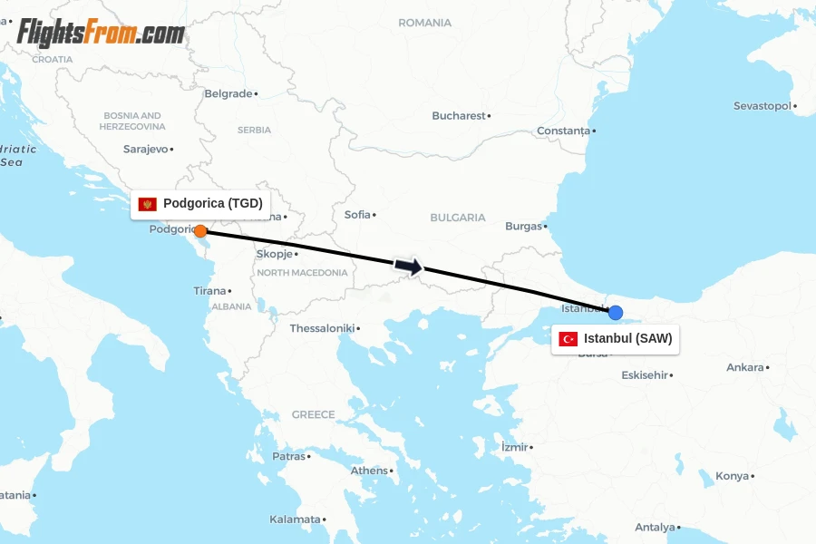 Flights from Podgorica to Istanbul route map