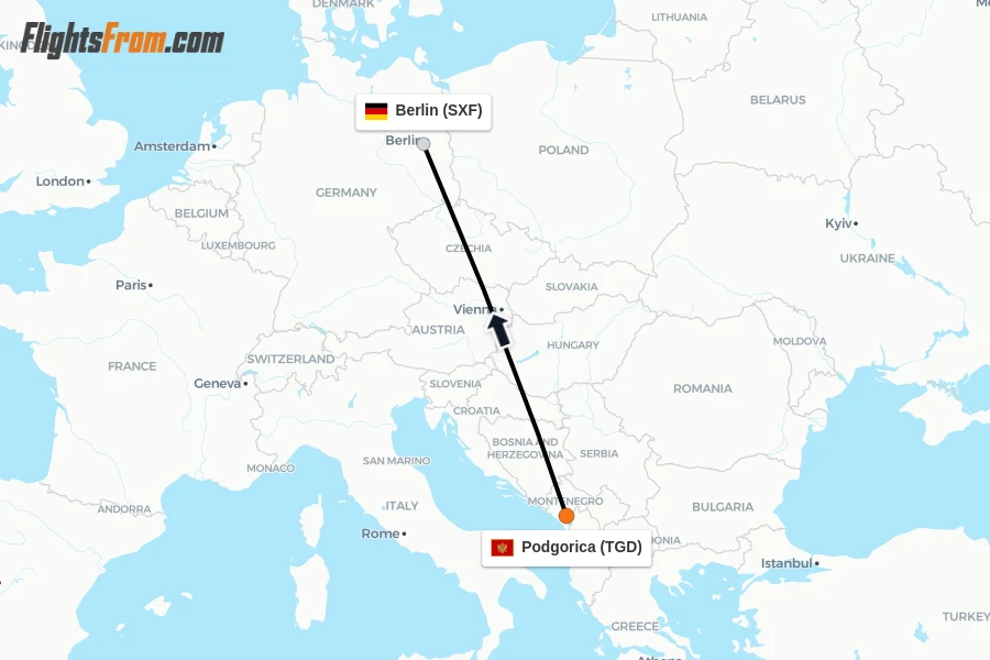 Flights from Podgorica to Berlin route map