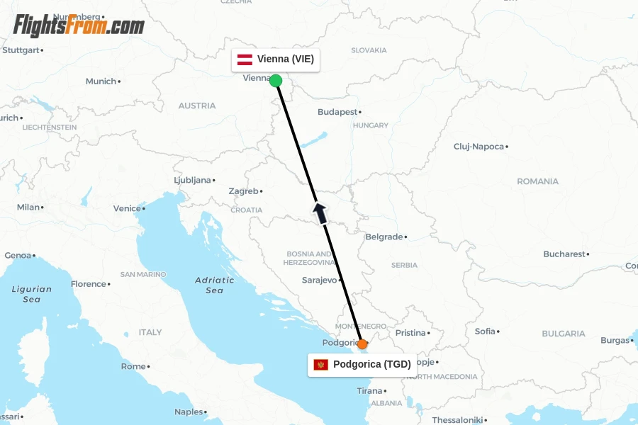 Flights from Podgorica to Vienna route map