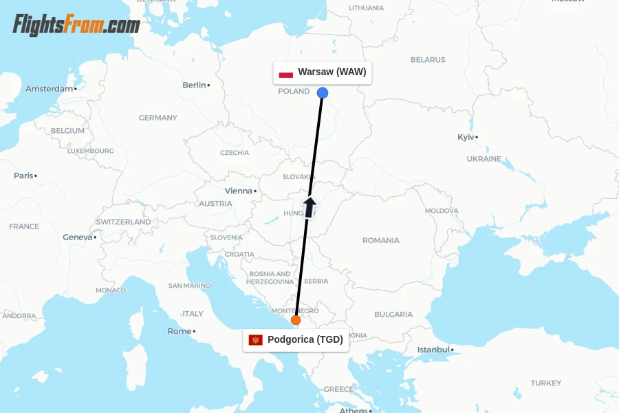 Flights from Podgorica to Warsaw route map