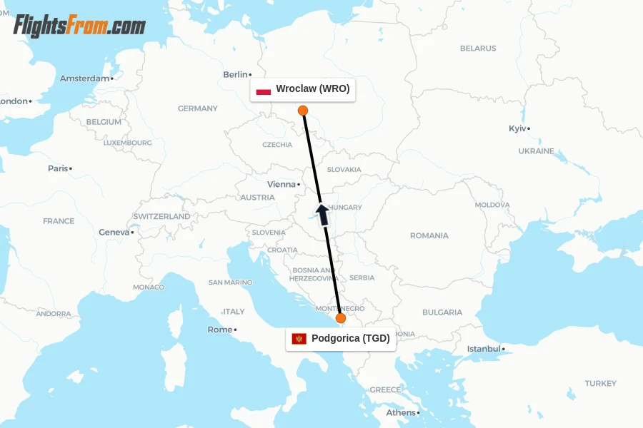 Flights from Podgorica to Wroclaw route map