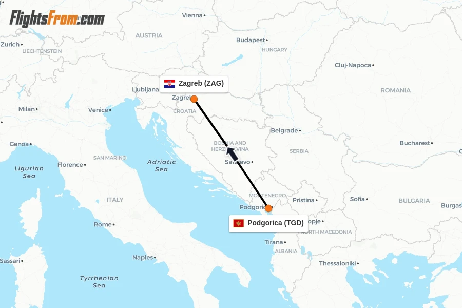 Flights from Podgorica to Zagreb route map