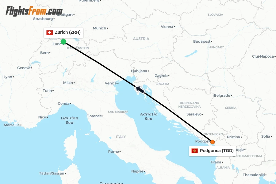 Flights from Podgorica to Zurich route map
