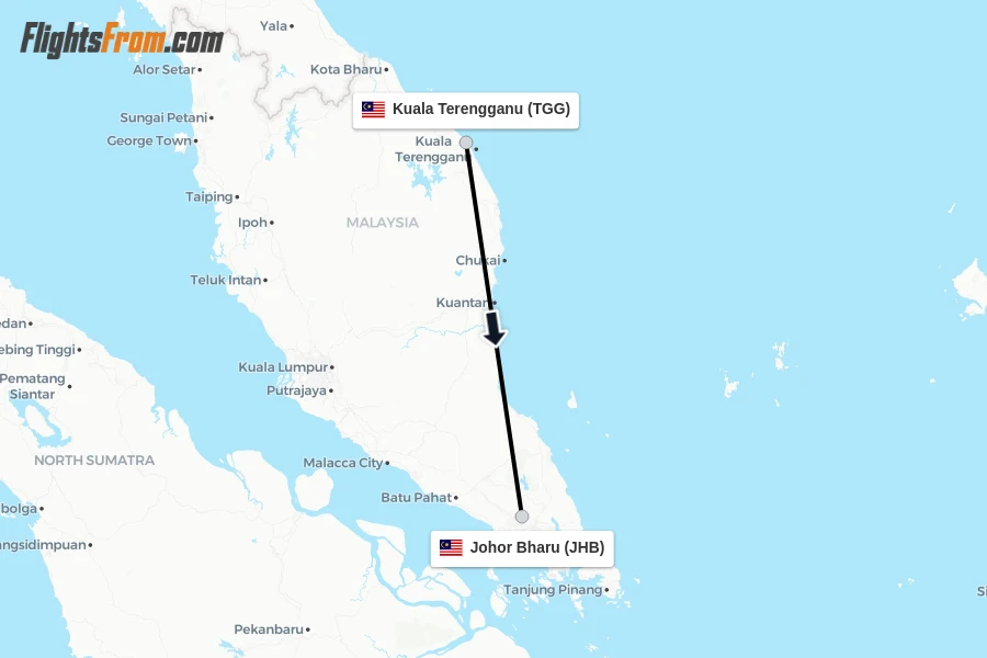 Flights from Kuala Terengganu to Johor Bharu route map