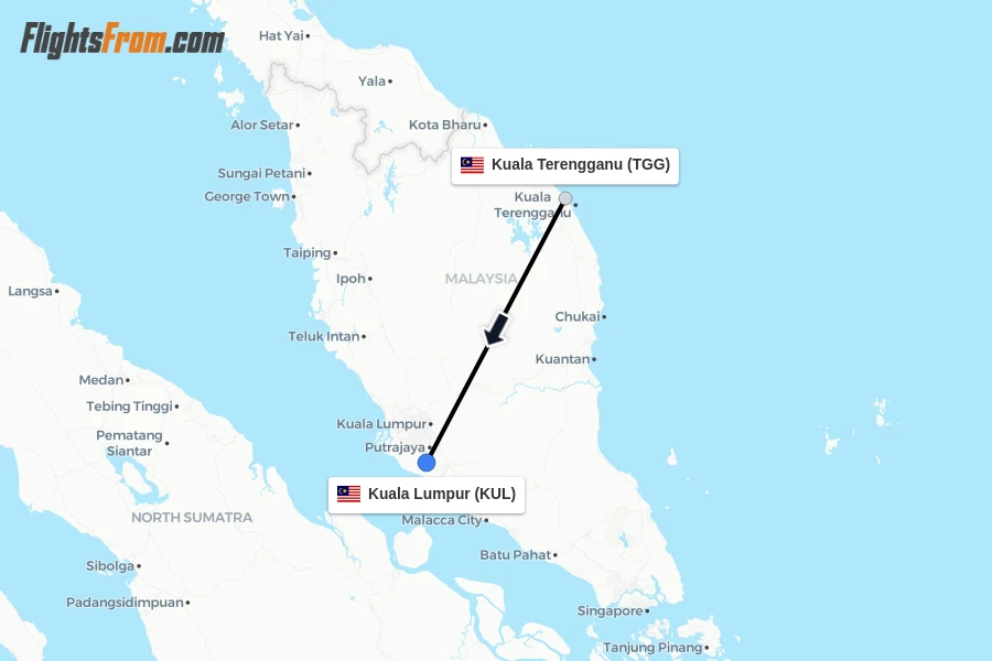 Flights from Kuala Terengganu to Kuala Lumpur route map