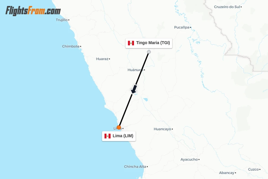 Flights from Tingo Maria to Lima route map