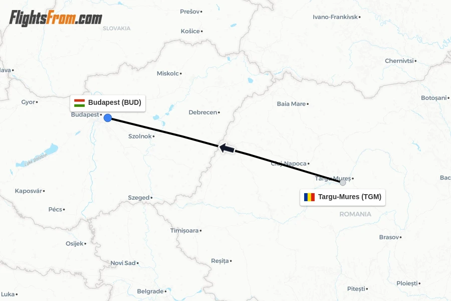 Flights from Targu-Mures to Budapest route map