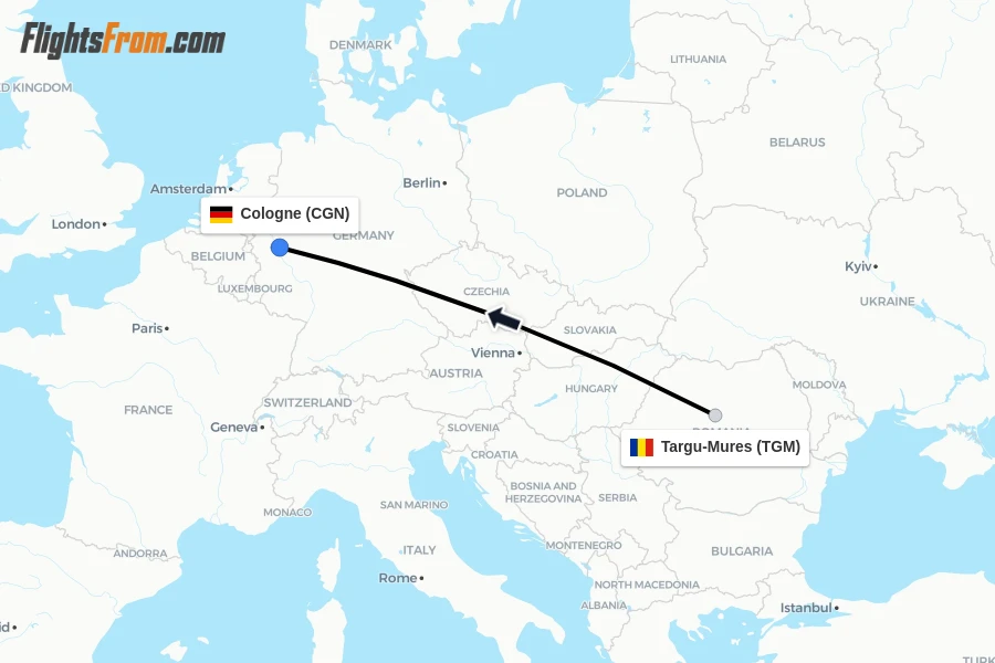 Flights from Targu-Mures to Cologne route map