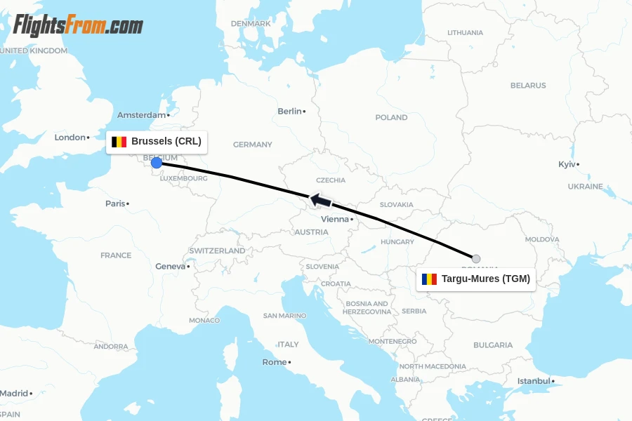 Flights from Targu-Mures to Brussels route map
