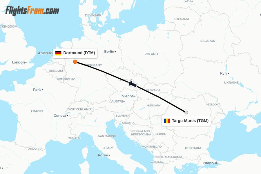 Flights from Targu-Mures to Dortmund route map