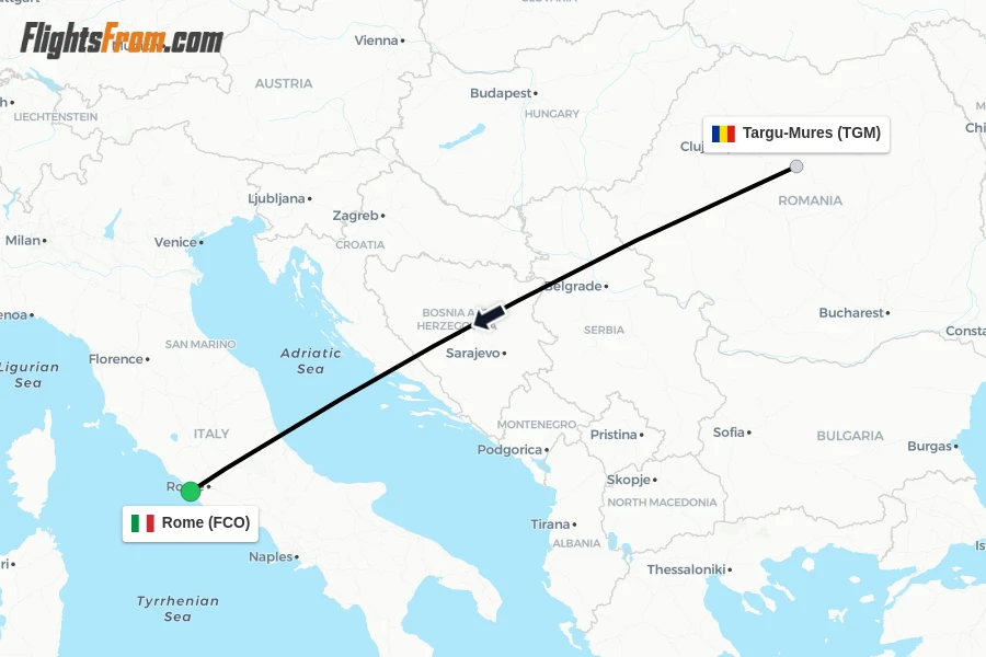 Flights from Targu-Mures to Rome route map