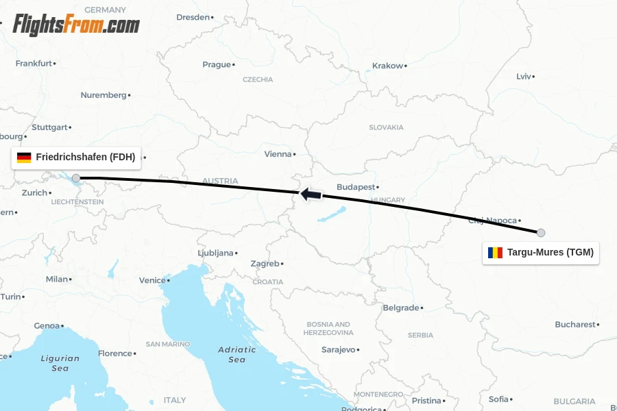 Flights from Targu-Mures to Friedrichshafen route map