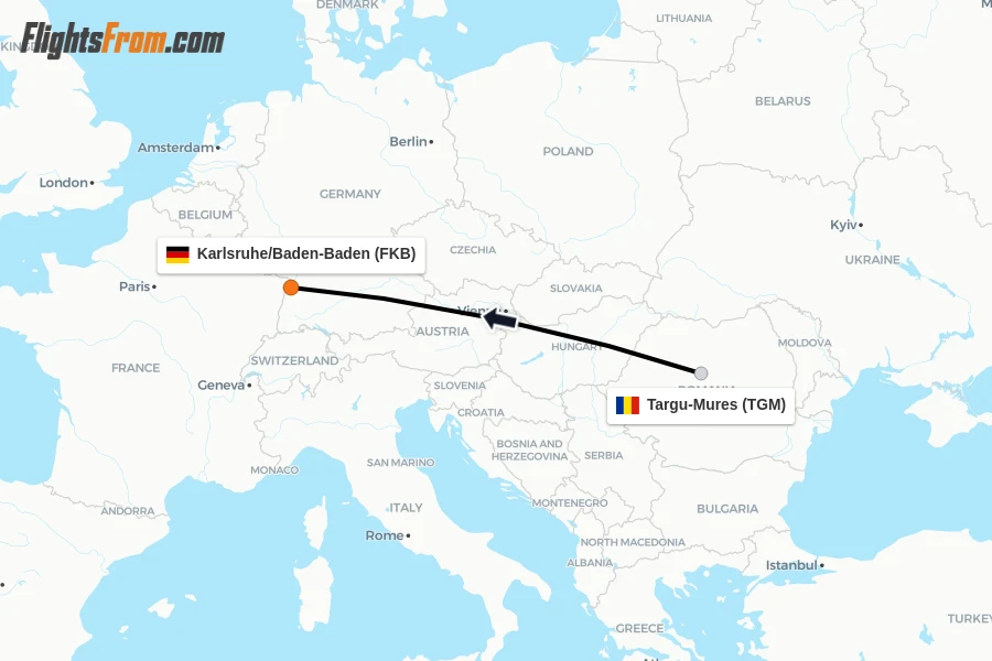 Flights from Targu-Mures to Karlsruhe/Baden-Baden route map