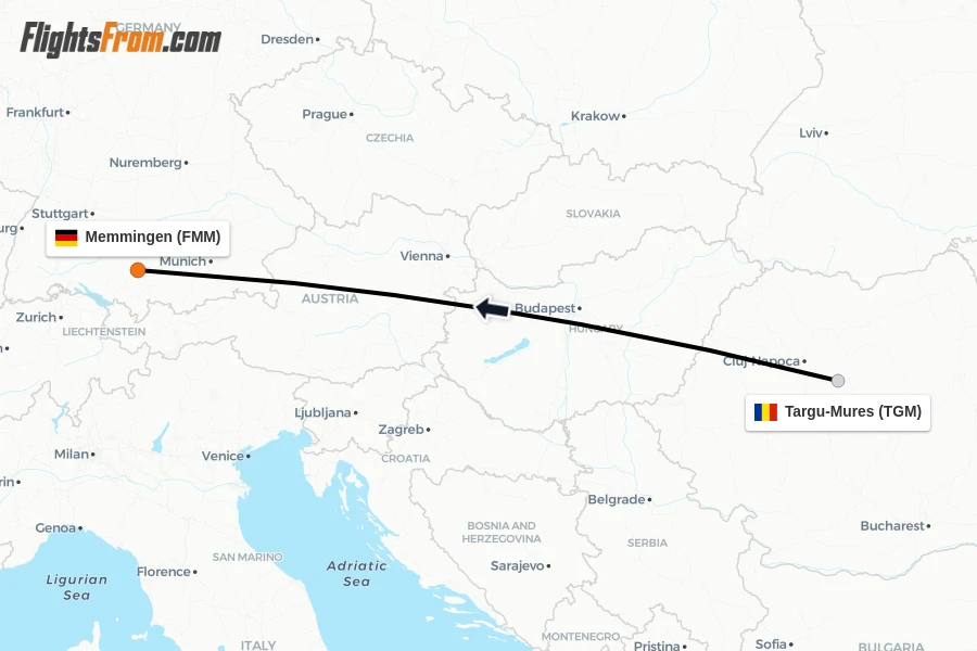 Flights from Targu-Mures to Memmingen route map