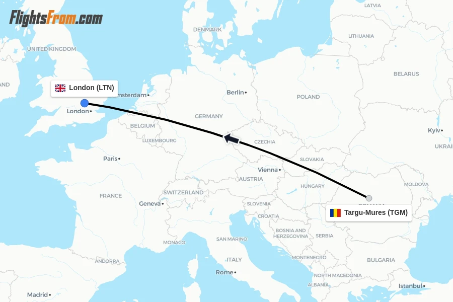Flights from Targu-Mures to London route map