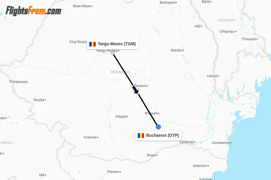 Flights from Targu-Mures to Bucharest route map