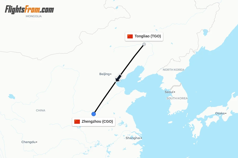 Flights from Tongliao to Zhengzhou route map