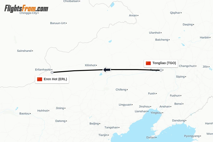 Flights from Tongliao to Eren Hot route map