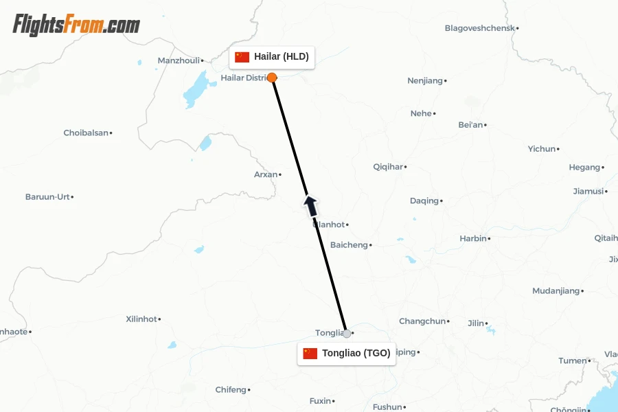 Flights from Tongliao to Hailar route map