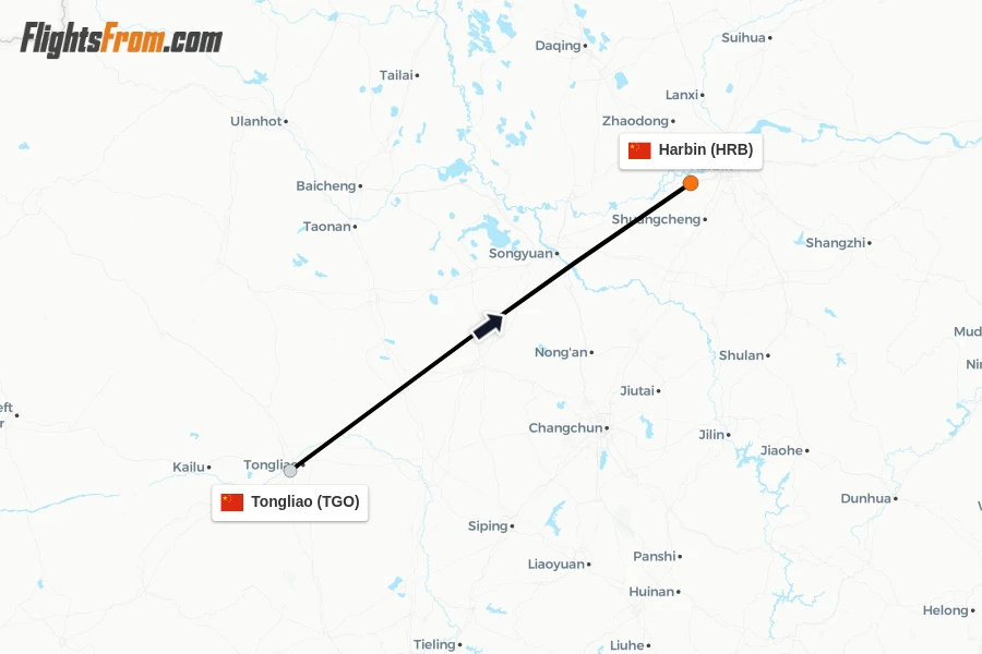 Flights from Tongliao to Harbin route map