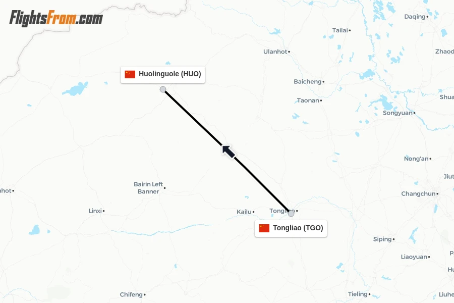 Flights from Tongliao to Huolinguole route map