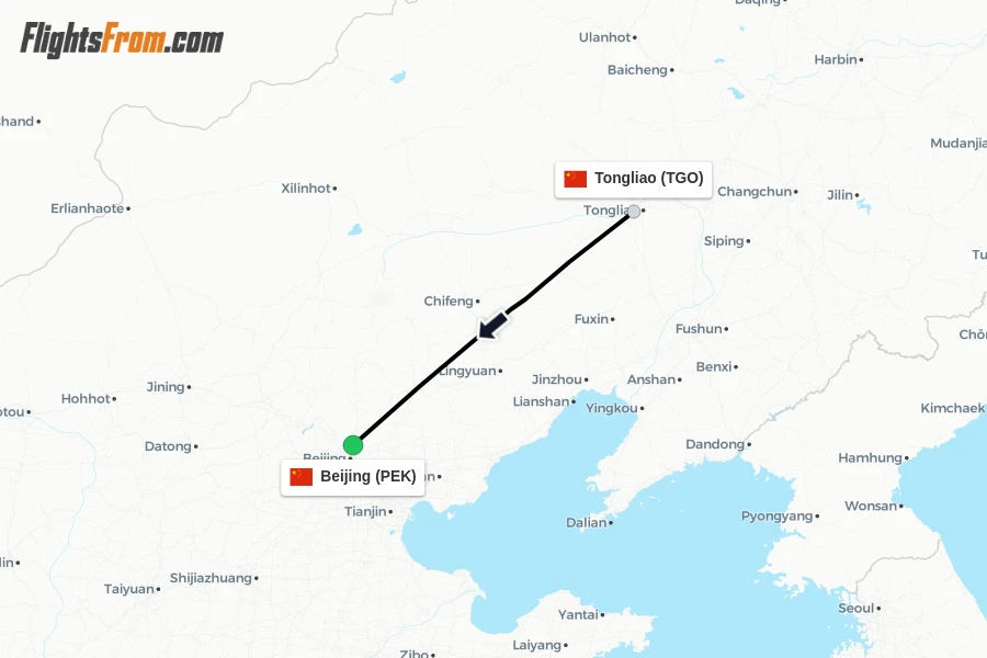 Flights from Tongliao to Beijing route map