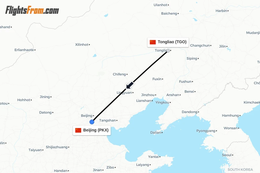 Flights from Tongliao to Beijing route map