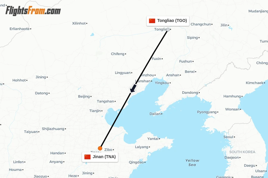 Flights from Tongliao to Jinan route map
