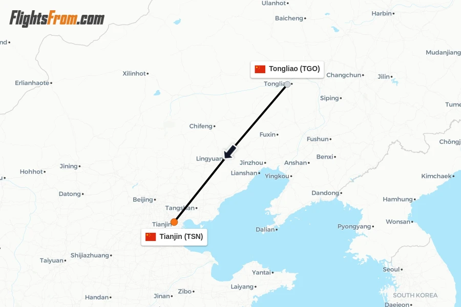 Flights from Tongliao to Tianjin route map