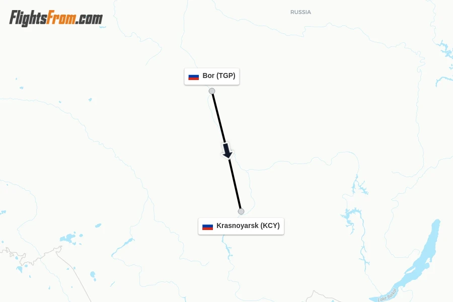 Flights from Bor to Krasnoyarsk route map