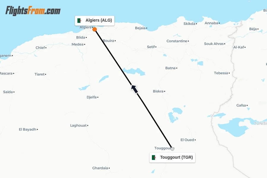 Flights from Touggourt to Algiers route map