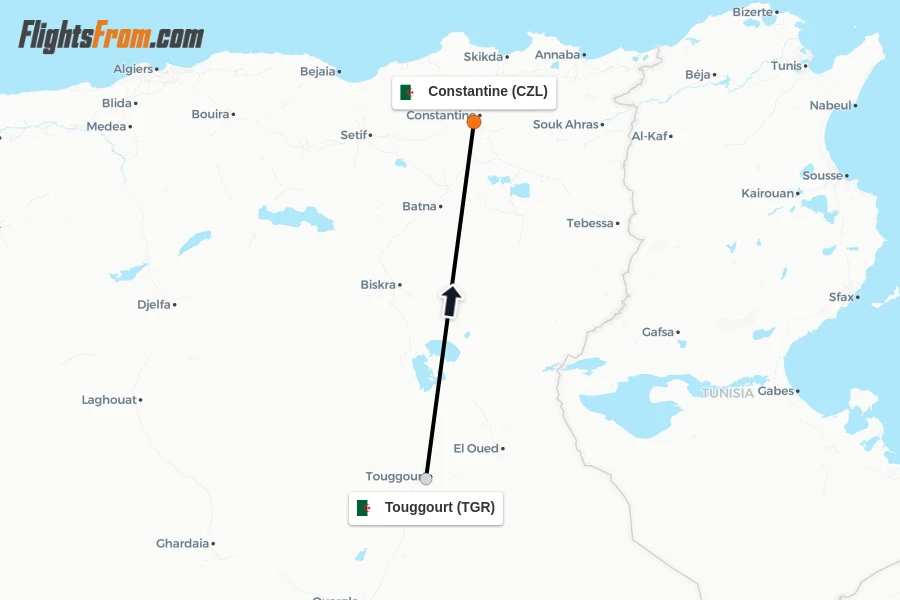 Flights from Touggourt to Constantine route map
