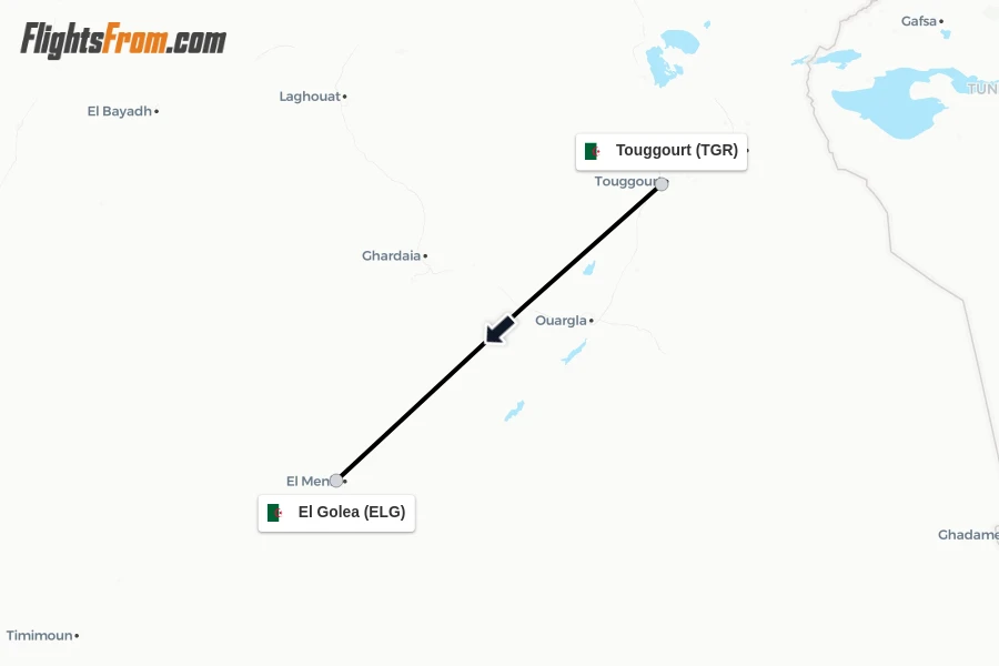 Flights from Touggourt to El Golea route map