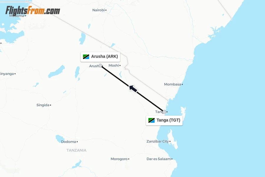 Flights from Tanga to Arusha route map