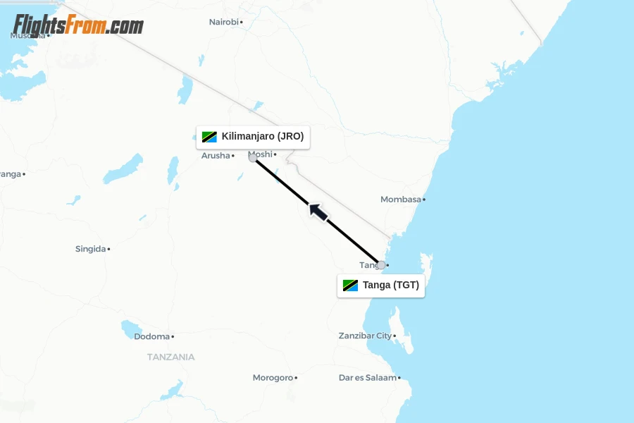 Flights from Tanga to Kilimanjaro route map