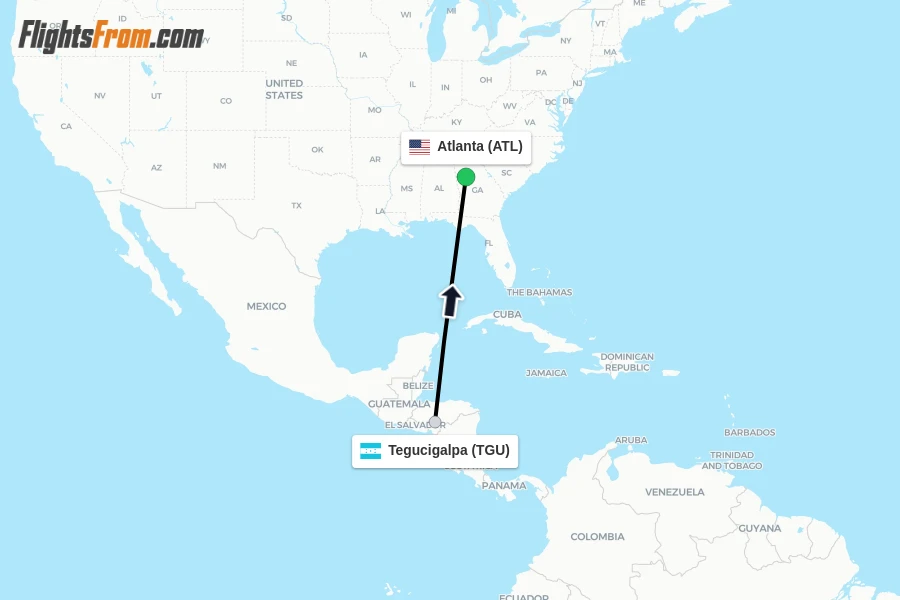 Flights from Tegucigalpa to Atlanta route map